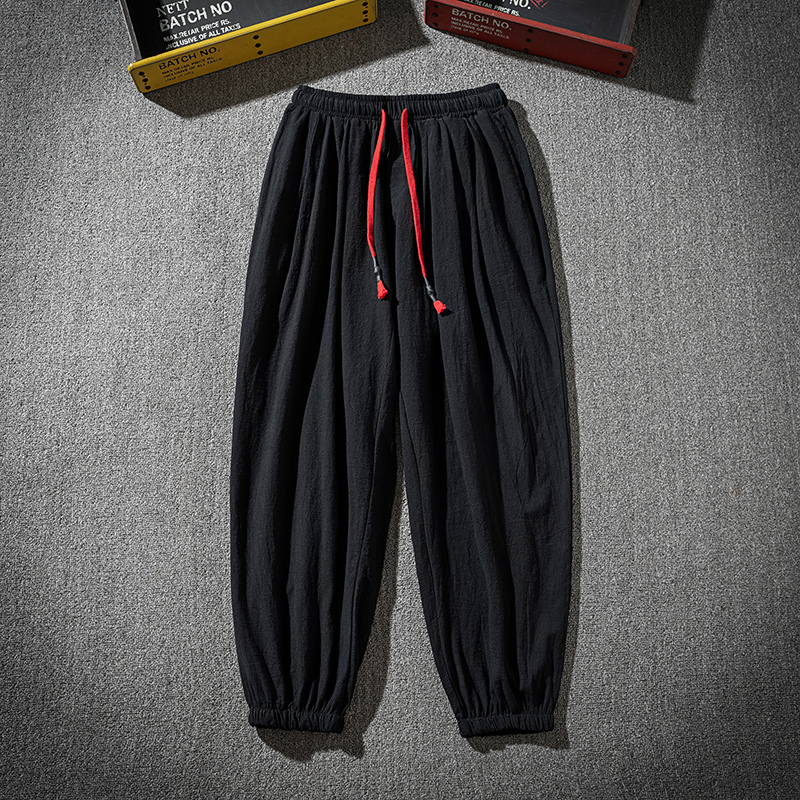Plus-Size Japanese-Style Elastic Waist Cotton-Linen Pants for Men, Summer Thin Large-Size Harem Pants, Loose Jogger Linen Casual Pants