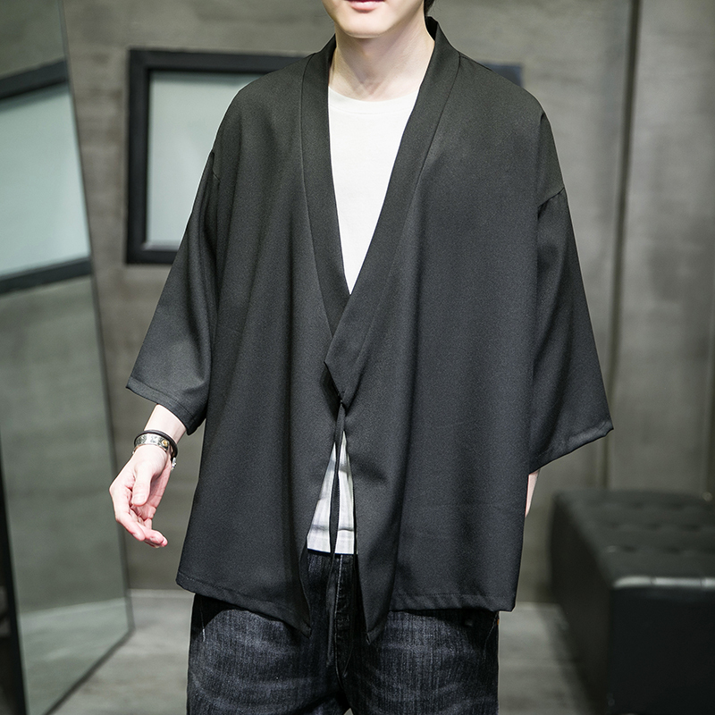 Improved Oblique-Collar Hanfu Cardigan for Men, Loose-Fitting Tang Suit, Chinese-Style Three-Quarter Sleeve Robe, Japanese-Style Kimono Haori