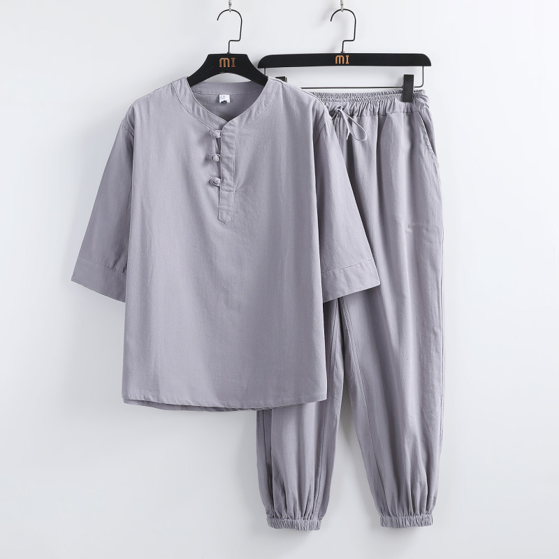 Tang Suit for Men, Pure Cotton Coarse Cloth Set, Chinese Style All-Cotton Two-Piece Set, Middle-Aged and Elderly Casual Men's Clothing, Zen Meditation Layman's Clothing