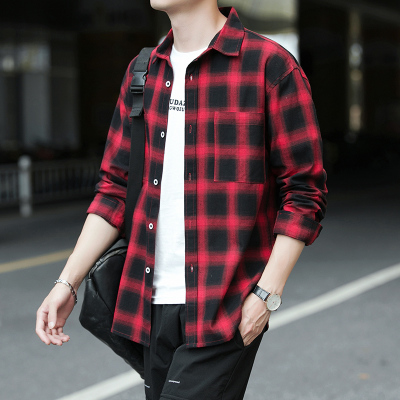 青年港风格子衬衫男学生款情侣衬衫外套