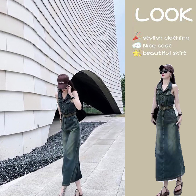 2026 Summer New Sleeveless Denim Dress Hot-Selling High-End Elegant Long Dress French Fashion Dress Women's Summer Wear