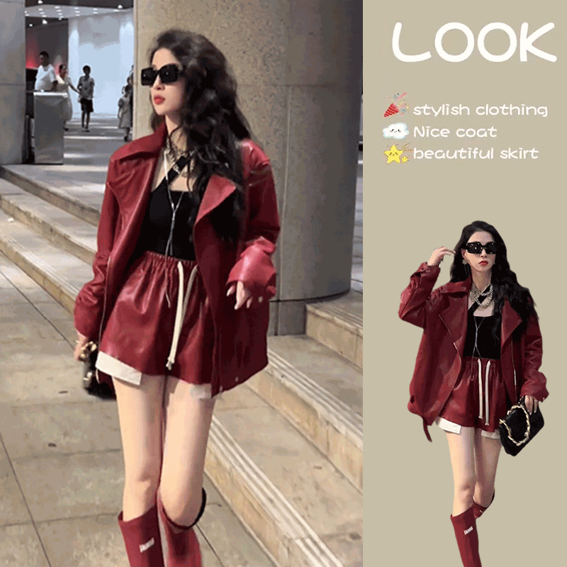 Korean Style Elegant and Fashionable Red Leather Jacket for Women, New Autumn and Winter Trendy Loose Jacket Casual Top