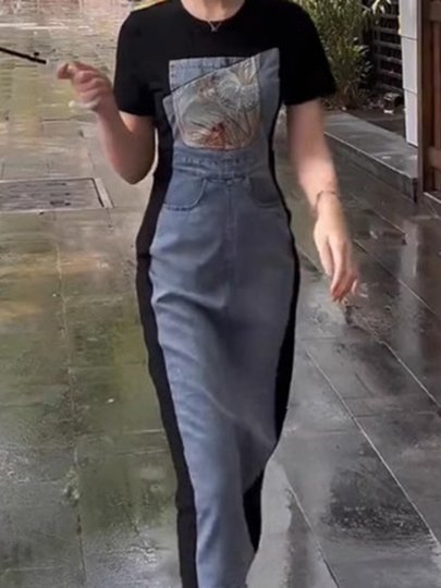 2025 Summer New Color-Blocked Elegant Denim Dress Women's High-End Niche Fashion Long Dress Elegant Skirt