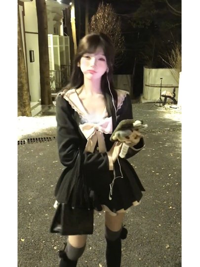 Новое женское платье в студенческом стиле с воротником-стойкой и бантом, осень-зима 2025, с завышенной талией, пышная короткая юбка А-силуэта