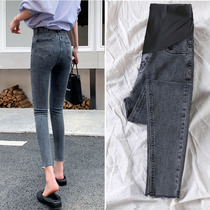 Pregnant women pants Spring and Autumn wear tide mother hair edge gray thickened pregnant womens jeans tight stretch belly