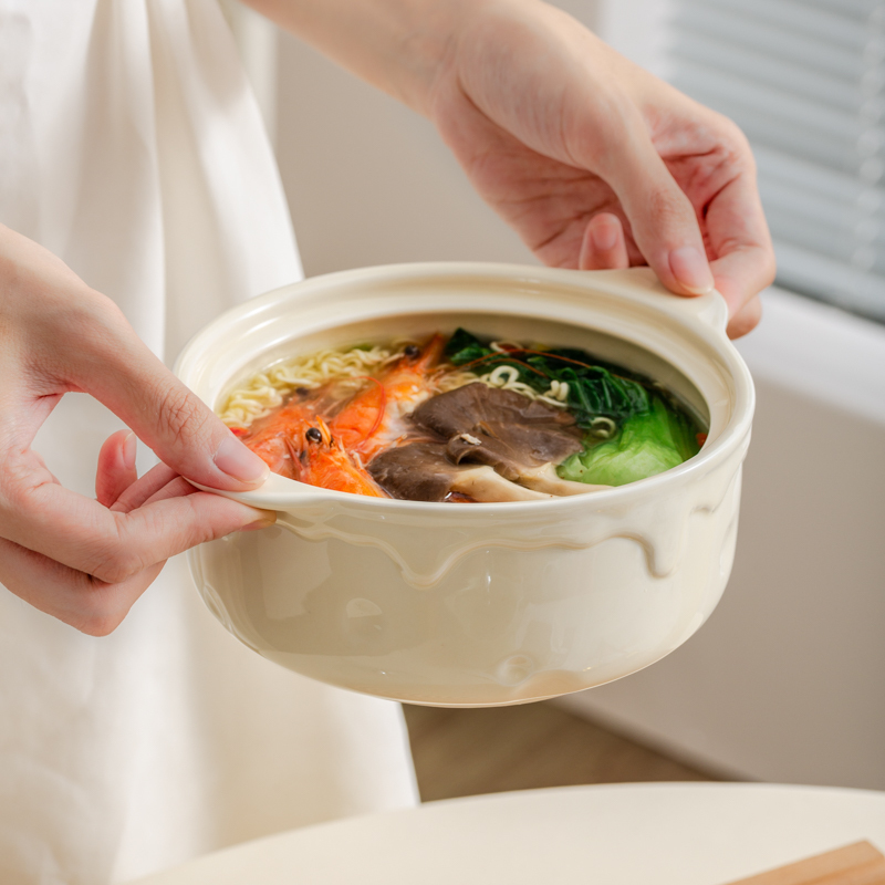 Ceramic Instant Noodle Bowl with Lid, Household Double-Handle Soup Bowl, Convenient for Instant Noodles and Snail Noodles, Suitable for Dormitory Students, Microwave-Safe Rice Bowl