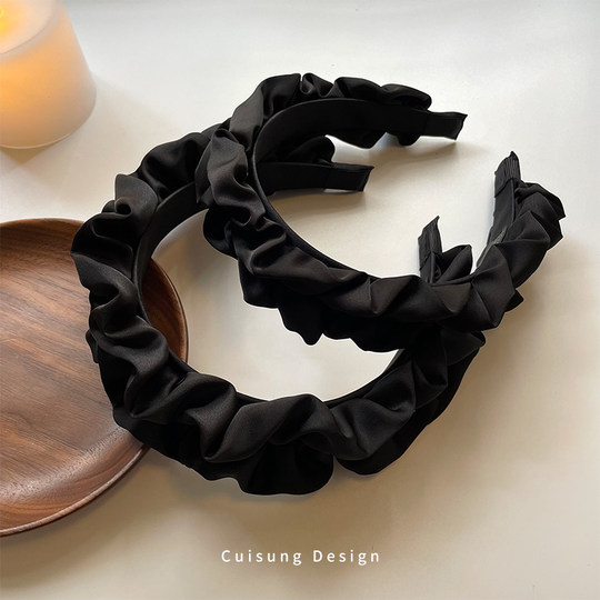 Black Pleated Headband for Women 2025 New Style High Crown Internet Celebrity Hairpin Summer Wide Edge Versatile Headband Hair Accessory