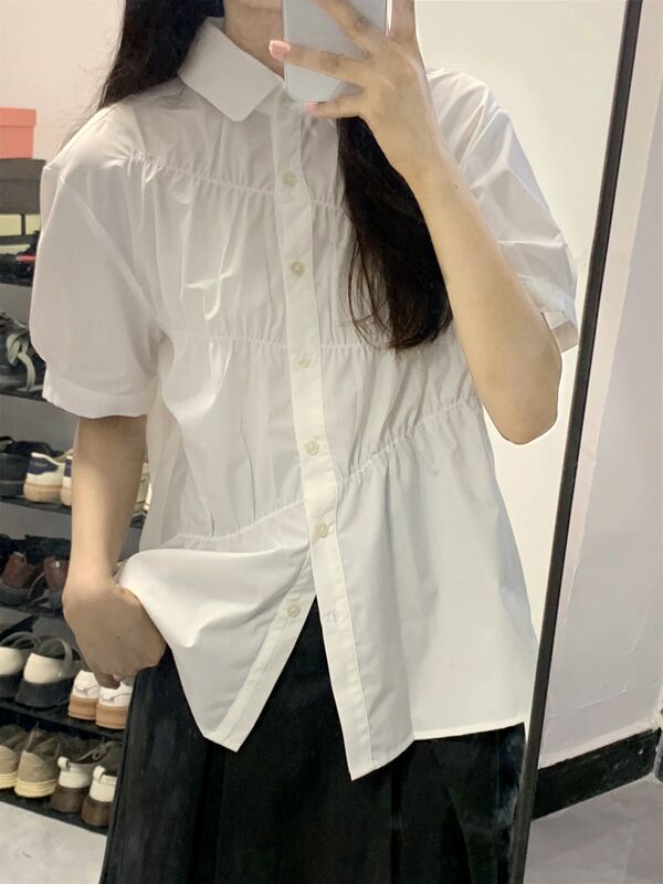 White Short-Sleeved Shirt for Women, Korean Style, High-End Pleated Shirt, Preppy Style, Sweet, Loose, Versatile, Solid Color Top for Summer White Short-Sleeved Shirt for Women, Korean Style, High-End Pleated Shirt, Preppy Style, Sweet, Loose, Versatile, Solid Color Top for Summer