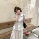 法式复古翻领蝴蝶结腰带棉麻肌理泡泡格衬衫女夏双排扣设计感上衣