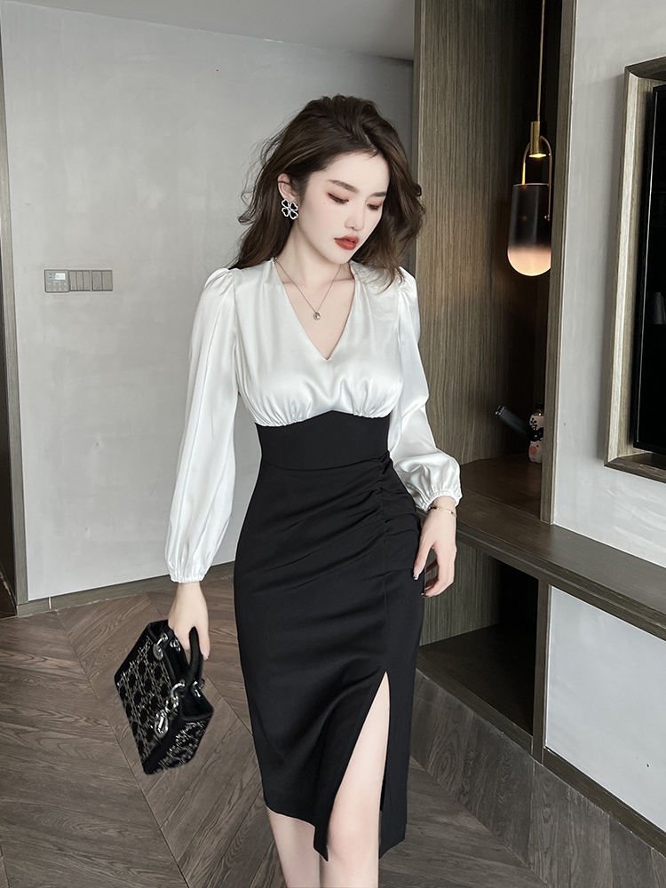 欧洲站同款黑白拼接连衣裙开叉设计显瘦神器