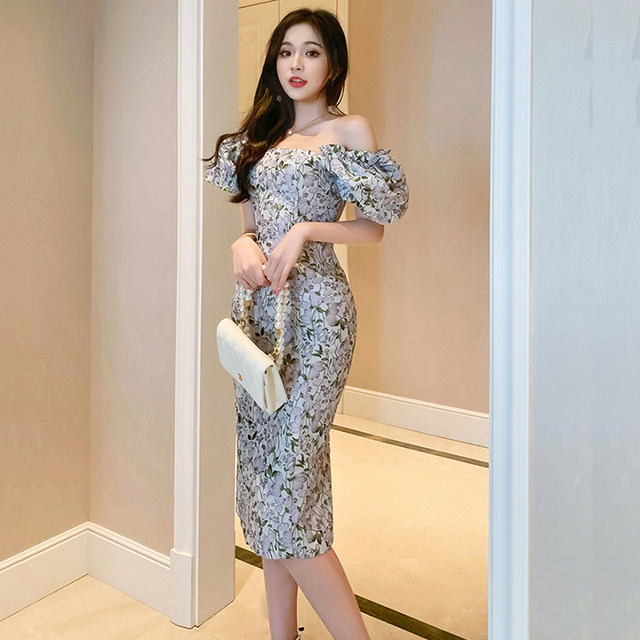 European station one-shoulder French dress floral 2022 new summer retro waist slim puff sleeve dress