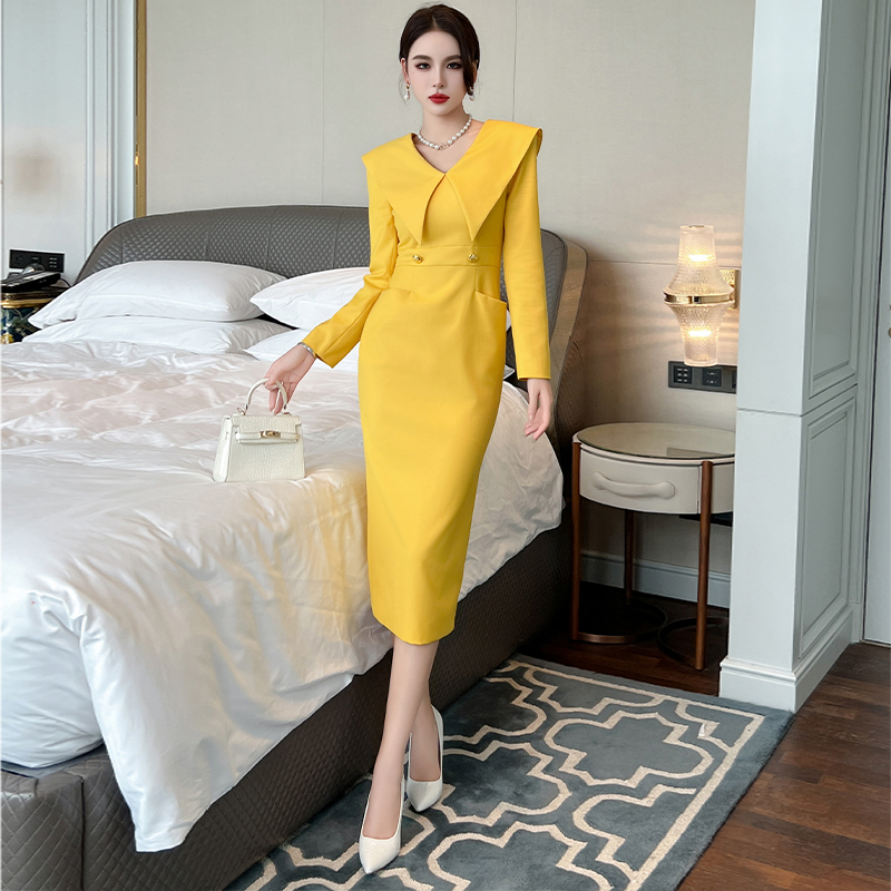 European Style Yellow Suit Dress, New Autumn and Winter Model, Female Host Work Attire, Formal Occasion Elegant Dress
