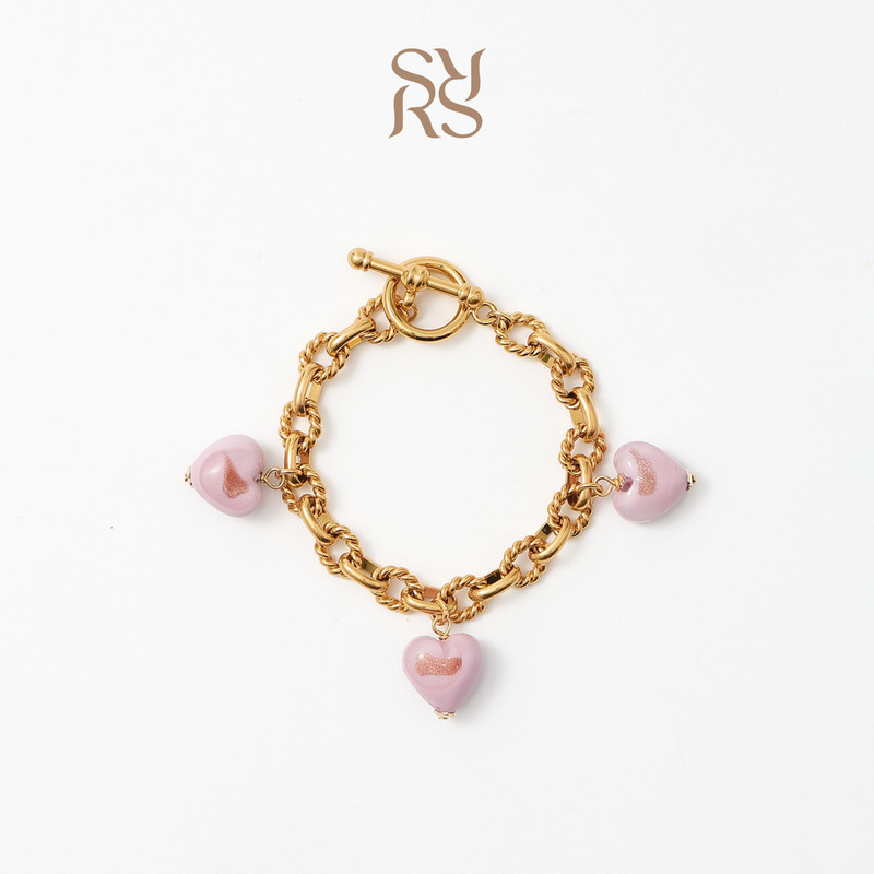 Simple Rituals Wang Sulong's Same Style Italian Venetian Handmade Pink Heart-Shaped Glass Bracelet for Women Simple Rituals Wang Sulong's Same Style Italian Venetian Handmade Pink Heart-Shaped Glass Bracelet for Women