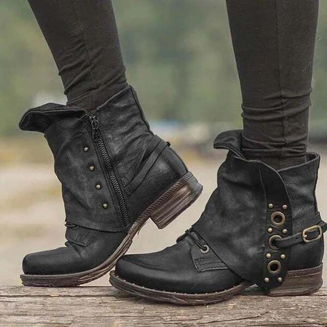 2023largevintagesquareheadwomensleatherboots ເກີບຫນັງແມ່ຍິງ