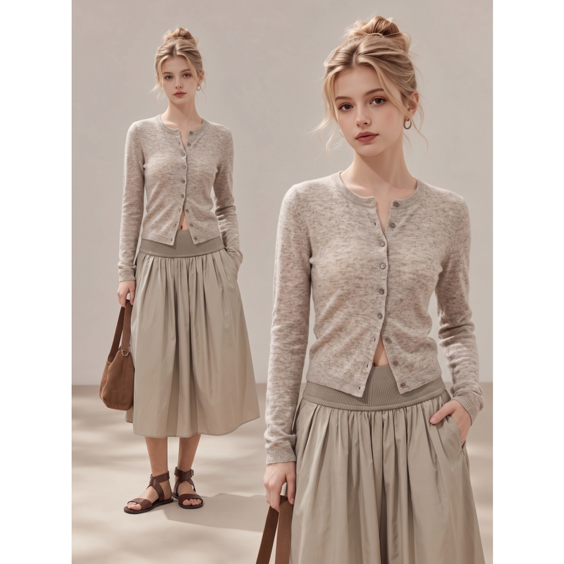 Picnic Skirt, Artistic Forest Style, Off-White, High-Waisted, Elastic Waist, Large A-Line, Mid-Length, Women's Pleated Ruched Skirt