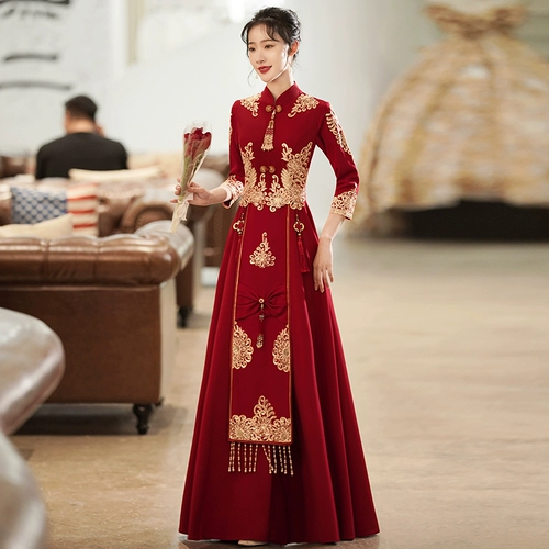 Вечернее платье, летний традиционный свадебный наряд Сюхэ, красная юбка, ципао, китайский стиль