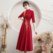 Qipao toast to the bride 2021 new red winter long sleeves Chinese wedding back door small gown womens dress