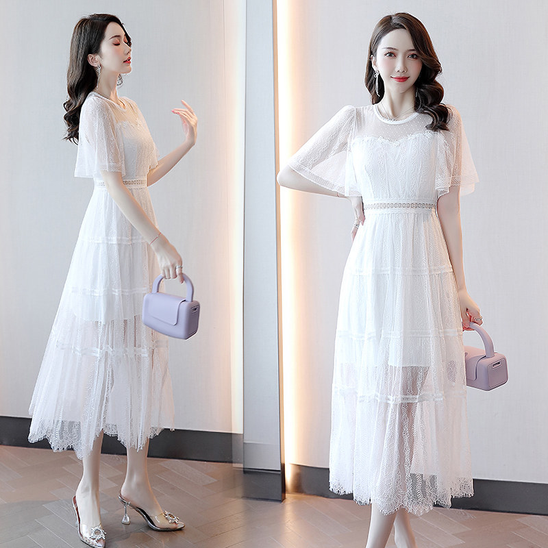 Lace cutout dress women summer off-the-shoulder sexy super immortal 2022 new temperament waist thin a-line long skirt