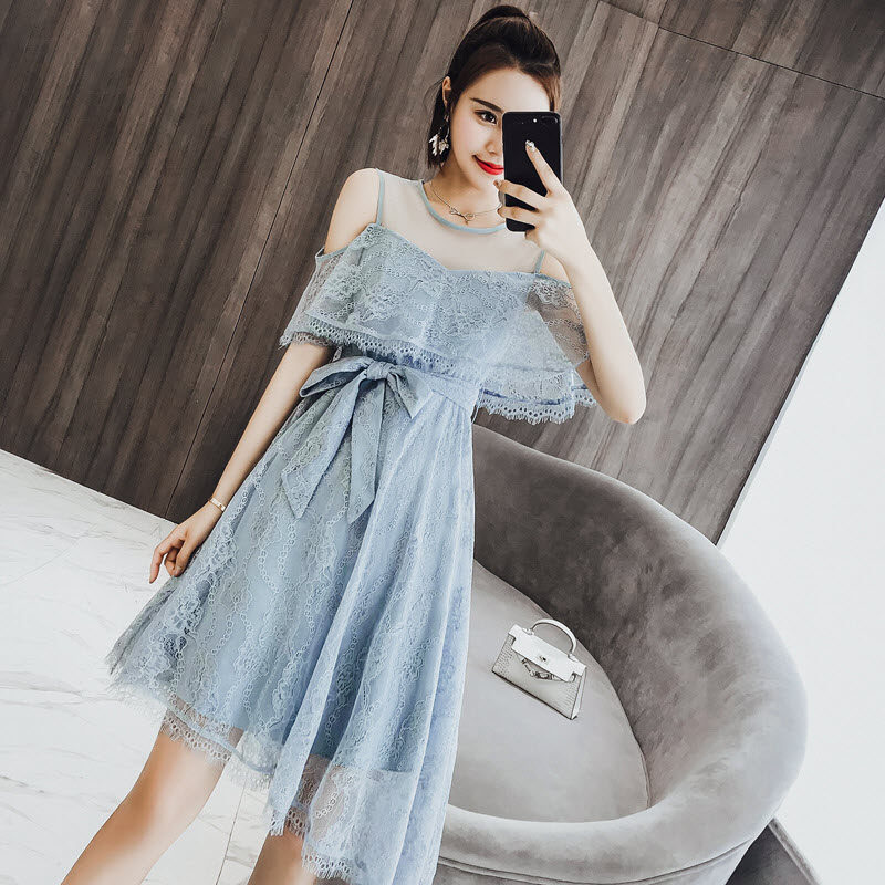 Water soluble lace dress Dress Dew Shoulder Super Fairy sexy hollowed-out summer cashew with thin temperament irregular knee skirt-Taobao