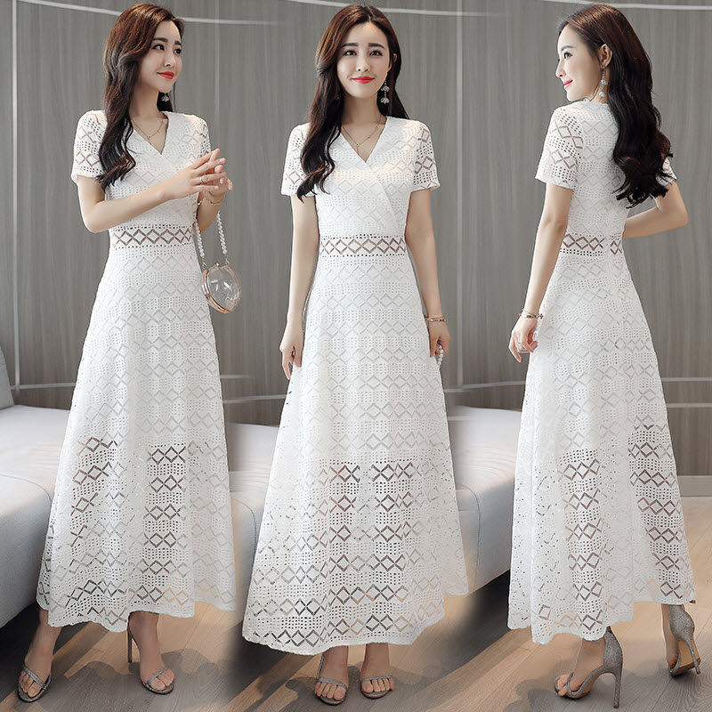Fan-style white lace dress with dress summer hollowed-out a character tall and taller skirt closets waist large swing skirt 170 temperament