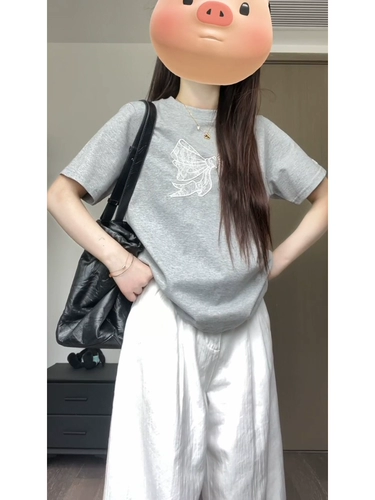 Кружевная летняя футболка с бантиком, в американском стиле, с вышивкой, свободный крой