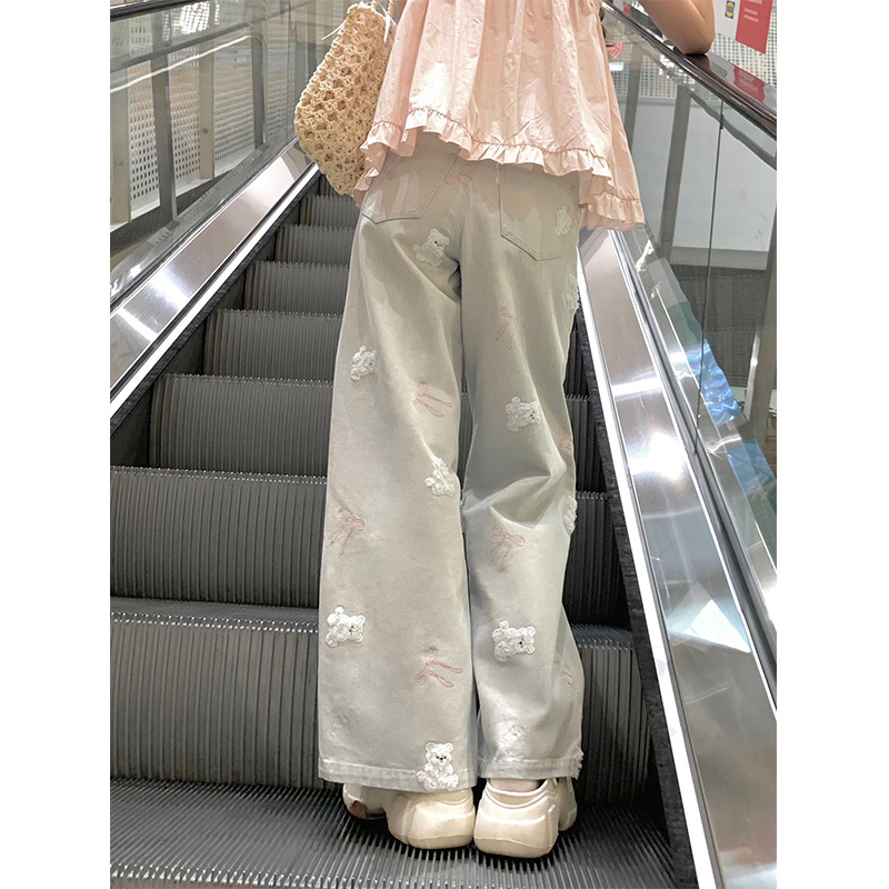 Light Blue Bear Embroidery Jeans for Women, Spring and Autumn Design, Niche Style, Slimming Straight-Leg Wide-Leg Pants for Petite Women