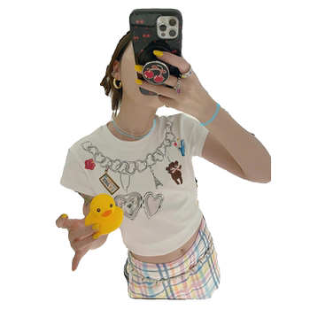Care bear pendant printed right shoulder short sleeve t-shirt ສໍາລັບແມ່ຍິງ