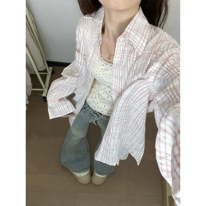 Pink Plaid Sun Protection Shirt for Women, Spring and Autumn Thin Style, 2024 New High-End Shirt, French Long-Sleeved Top Jacket