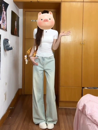 Светлые цветные тонкие джинсы, штаны, в американском стиле, ностальгия, высокая талия, свободный прямой крой, подходит для подростков