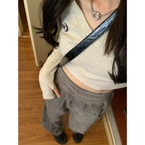 Ретро демисезонный короткий сексуальный приятный телу лонгслив, в американском стиле, V-образный вырез, в обтяжку