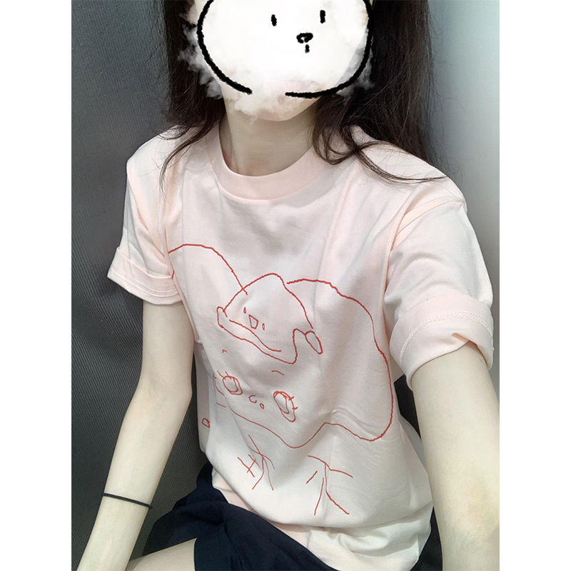 Light Pink Cartoon Graffiti Line Print Short-Sleeved T-Shirt for Women Summer 2024 New Sweet Loose Half-Sleeved Top Light Pink Cartoon Graffiti Line Print Short-Sleeved T-Shirt for Women Summer 2024 New Sweet Loose Half-Sleeved Top