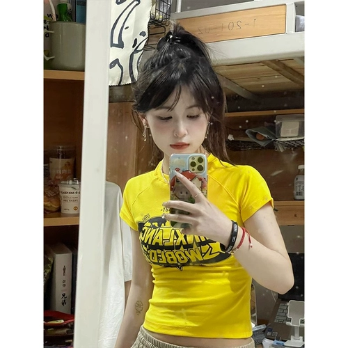 Рыжая приталенная короткая футболка с коротким рукавом, в американском стиле, подходит для подростков