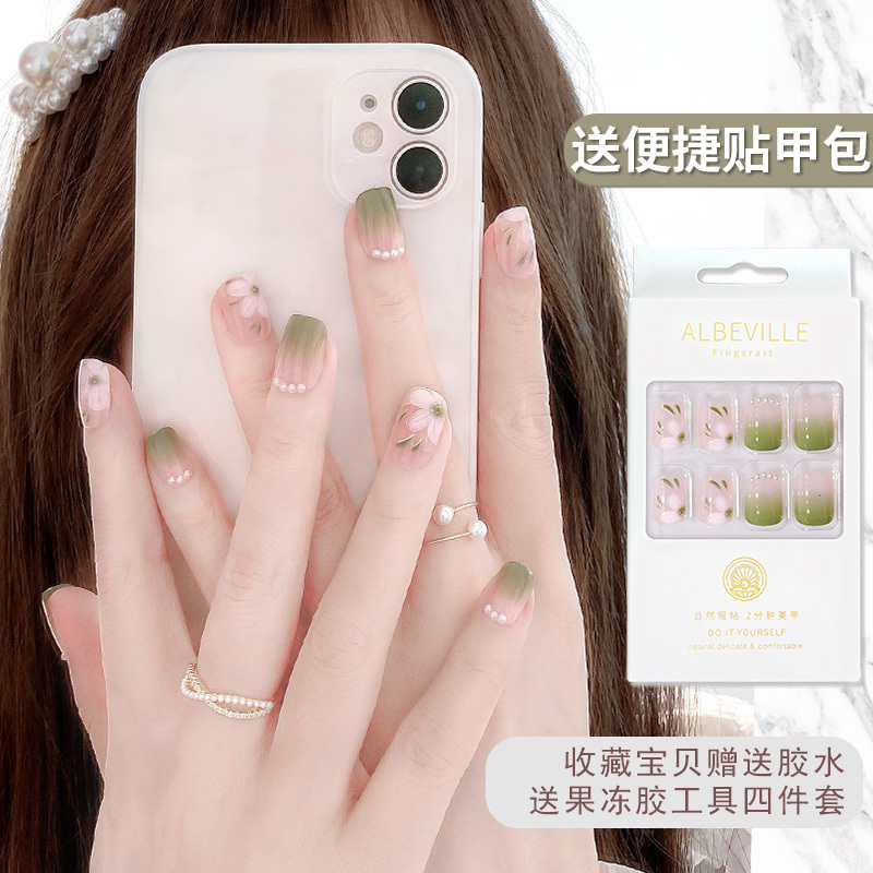 French-Style Fresh Camellia Press-On Nails 2026 New Short Spring Green Nail Stickers Finished Nail Pieces