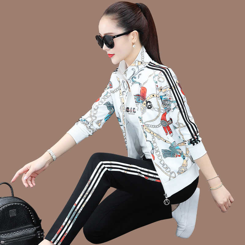 Printed color sports suit Women's spring autumn season 2023 New fashion Aging Foreign Temperament Leisure clothing Three sets-Taobao