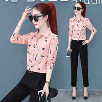 Chiffon shirt women's 2022 spring new long sleeve retro printed shirt Korean version of Joker coat floral shirt inch
