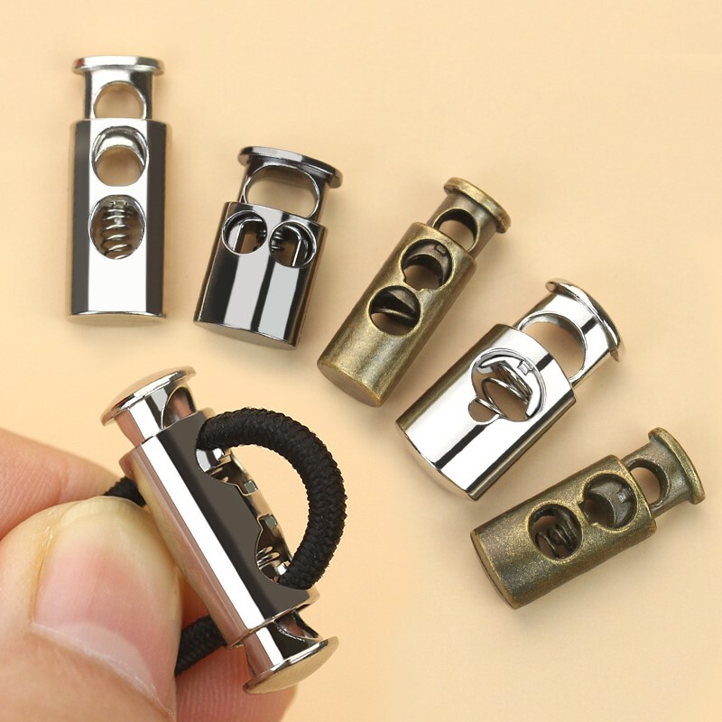 Drawstring Buckle for Tightening and Loosening, Adjustable Cord Stopper for Clothes, Pants, Shoelaces, Spring Pig Nose Double Hole Bell-Shaped Metal