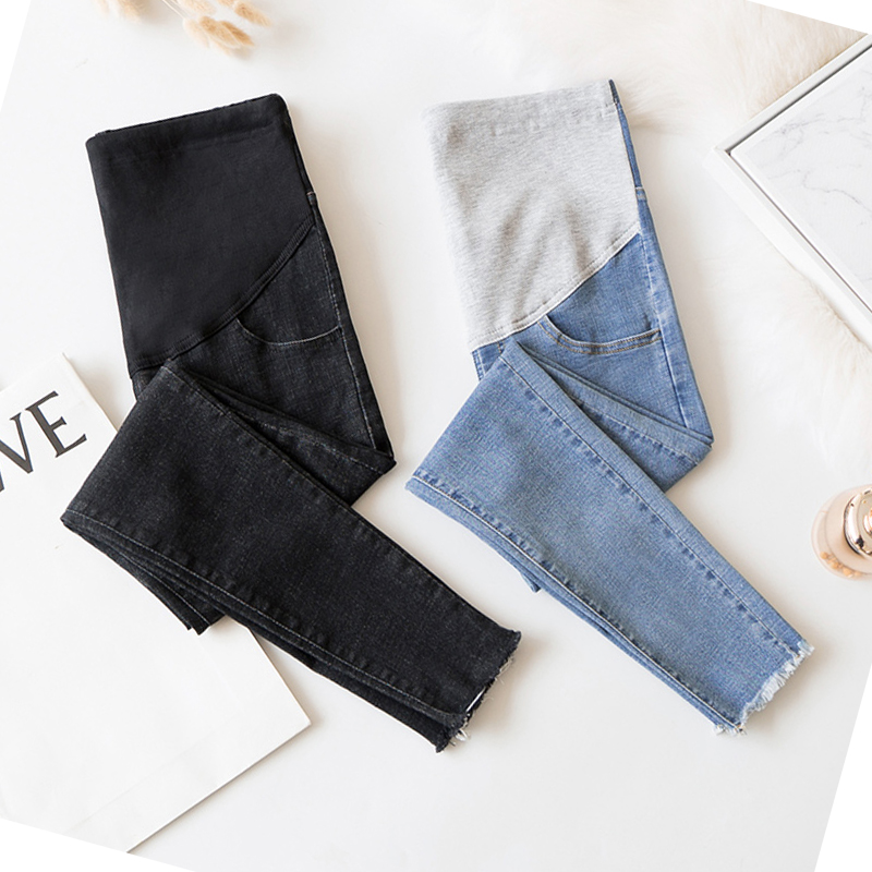 Pregnant women's jeans Spring and Autumn Pregnant Pants Fall Mom wearing small feet nine-minute pants black blue