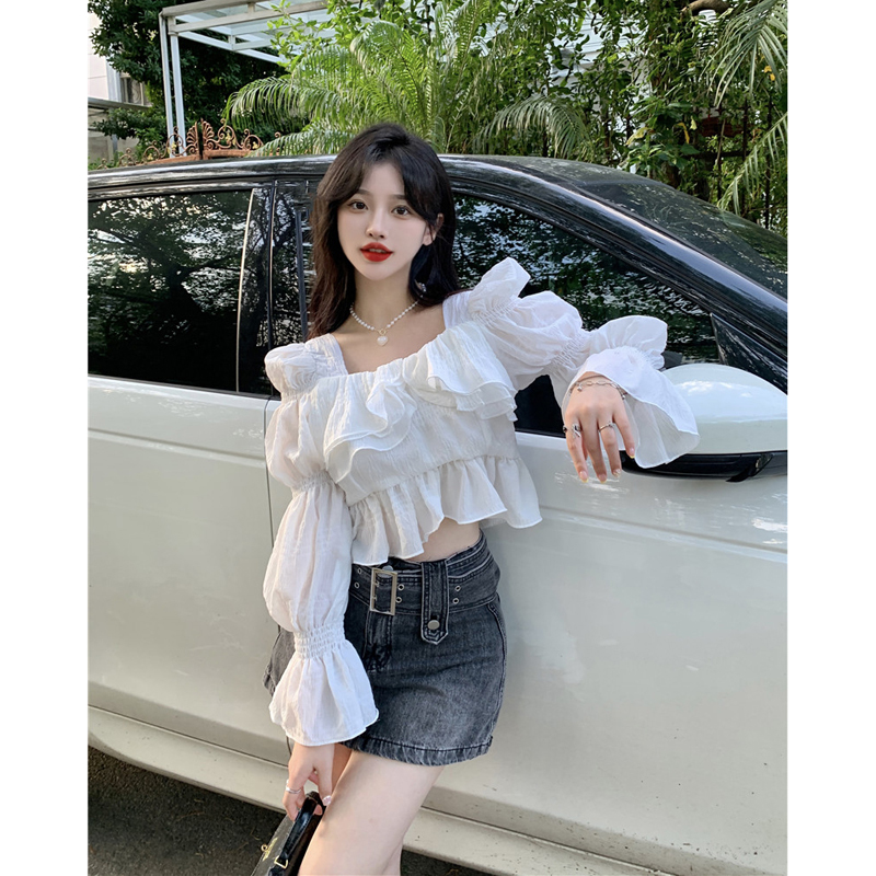 French Puff Sleeve Top for Women, Square Collar, Early Autumn Design, Niche Short Style, Spring and Summer Ruffled Stylish Long-Sleeved Shirt