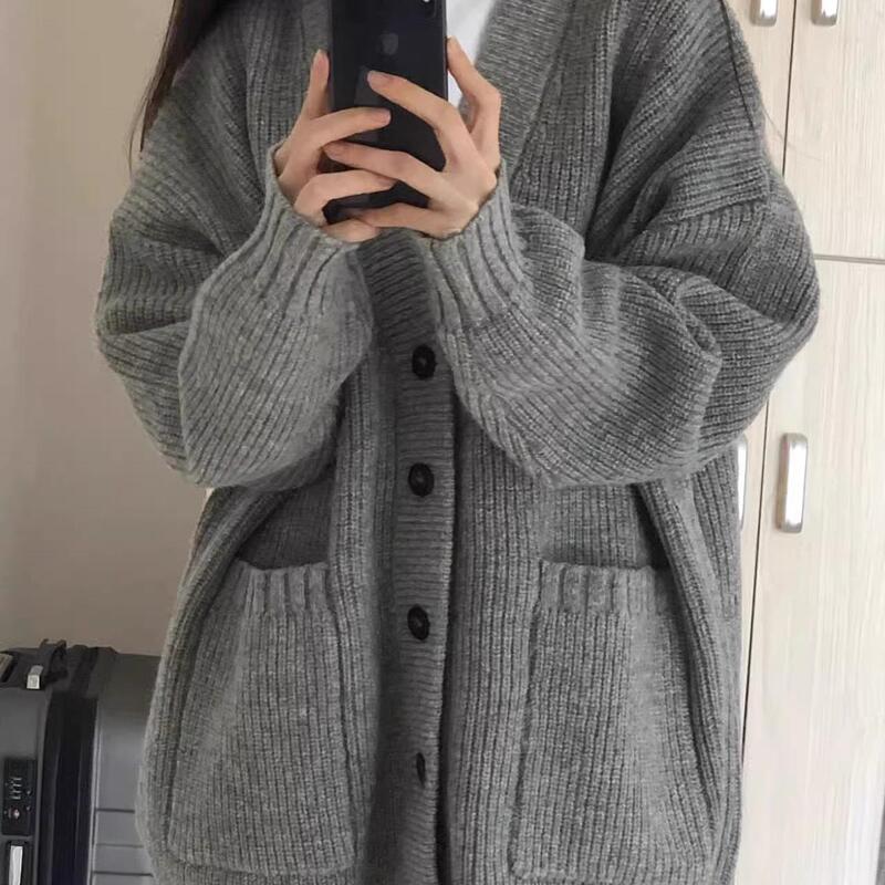 Gray Mid-Length Knitted Cardigan Sweater Jacket for Women, Suitable for Spring, Autumn, and Winter, Japanese Style, Loose and Lazy Style, 2025 Retro Gray Mid-Length Knitted Cardigan Sweater Jacket for Women, Suitable for Spring, Autumn, and Winter, Japanese Style, Loose and Lazy Style, 2025 Retro