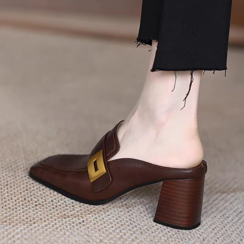 Soft Leather Toe-Cap Half-Slippers for Women, French-Style High-Heeled Genuine Leather Chunky Heel Square Toe Metal Buckle Slip-On Mules