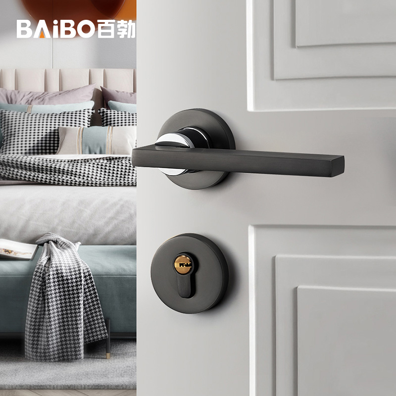 Door lock Indoor bedroom wooden door lock Door handle Black magnetic mute lock Gold two-piece lock Household door lock