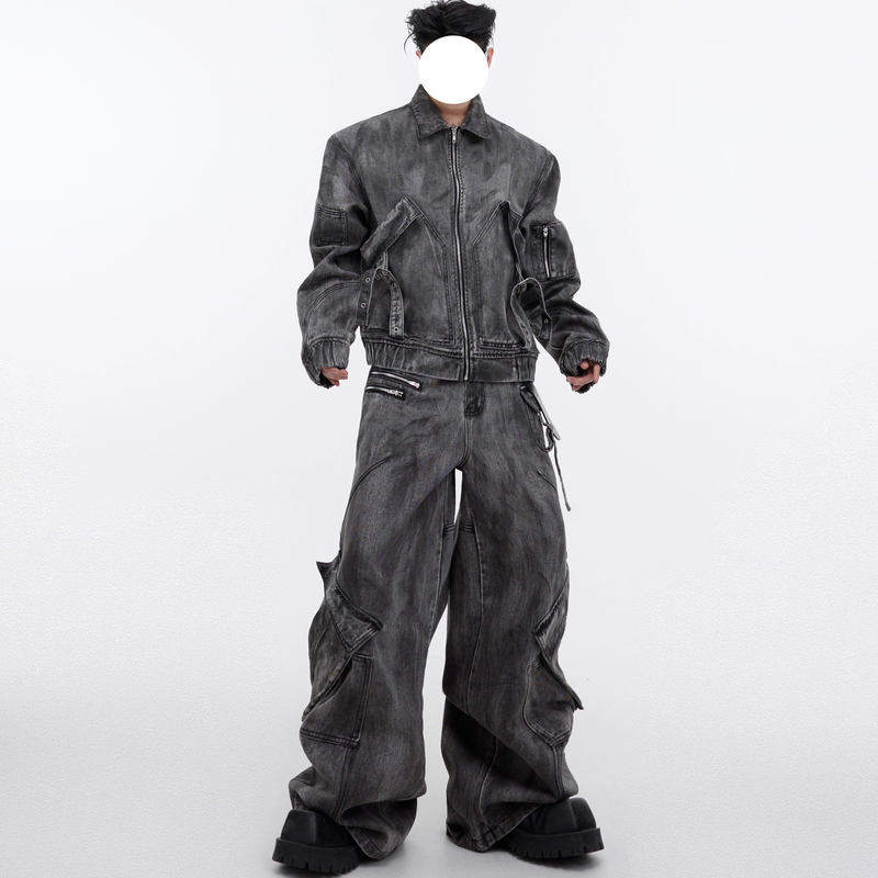 Niche Vintage Distressed Denim Suit Jacket with Heavy-Duty Zipper and Large Pockets Cargo Pants