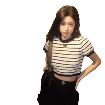 Contrast striped slim-fitting inner sweater for women spring 2024 new Korean style loose slimming short-sleeved top