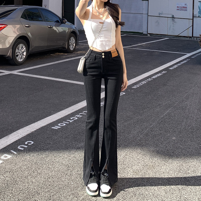 Black Open Fork Jeans Woman 2022 Spring Summer New High Waist Tight Body Slim Tall Towering Micro Horn Pants