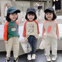  Girls  autumn T-shirt 2021 new childrens clothing childrens cotton round neck top middle and small childrens long-sleeved bottoming shirt spring and autumn