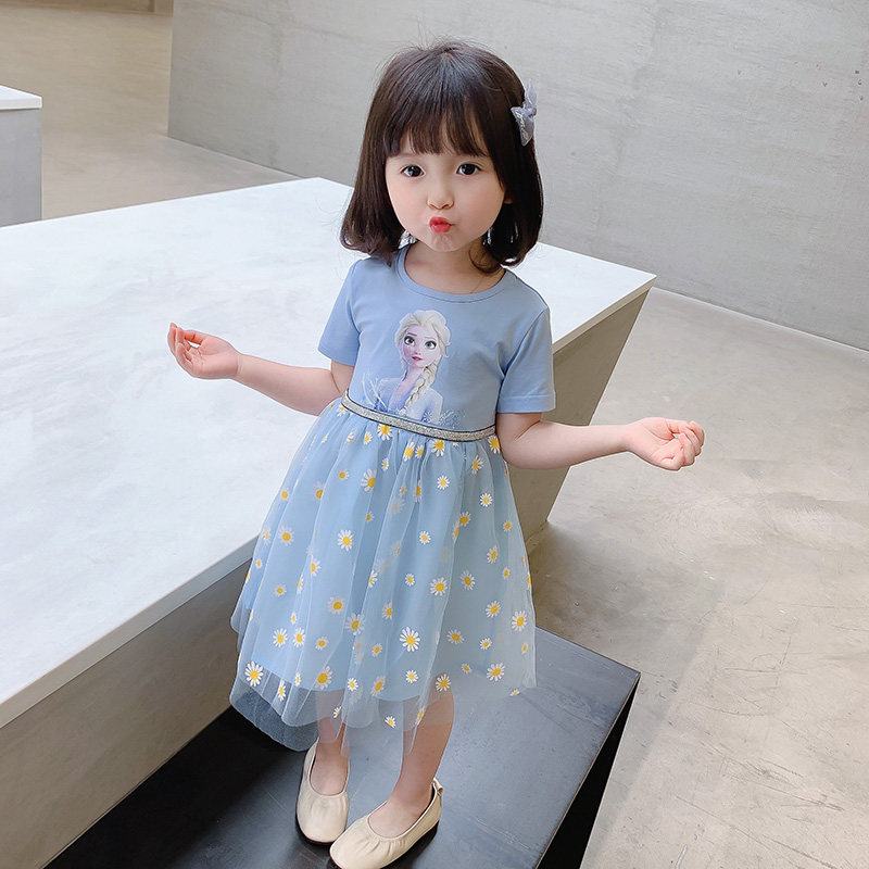 Female Baby Short Sleeve Dress New Summer Middle Child Esha Princess Dresses Dress Girl Foreign Dress Fluffy Skirt Children Yarn Dress
