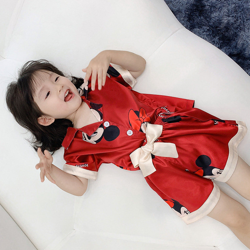 Children Ice Silk Sleepwear Summer Short Sleeves Girls Mid-Children's Thin Section Summer Dress Princess Cute Girl's Home Suit Suit