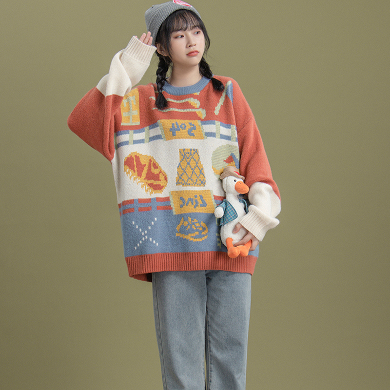 Cool girls Japanese retro Hong Kong style student sweater women's autumn and winter outerwear loose lazy color matching round neck sweater tide