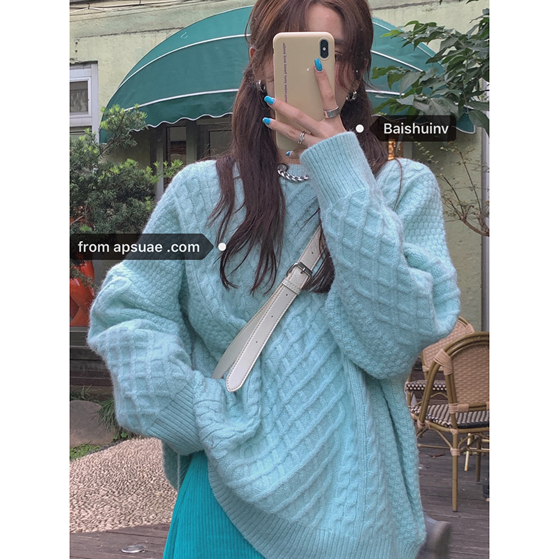 Diamond 2021 Blue Pullover Sweater Women's Loose Outer Wear Autumn and Winter Gentle Wind Thickened Warm Mid-Length Top - Taobao