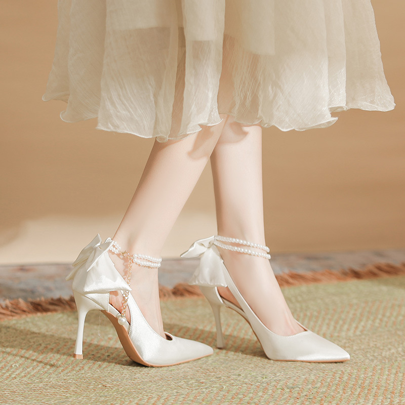 White High Heels Women's Stiletto Pointed Toe Satin Wedding Shoes Bridal Shoes Pearl Bow Strap Bridesmaid Shoes White High Heels Women's Stiletto Pointed Toe Satin Wedding Shoes Bridal Shoes Pearl Bow Strap Bridesmaid Shoes